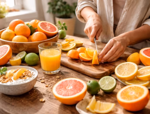 Zitrusfrüchte für die Ernährung: Frische Orangen, Zitronen, Limetten und Grapefruits werden in einer hellen Küche geschnitten und als gesunde Mahlzeit mit Saft und Frühstück angerichtet