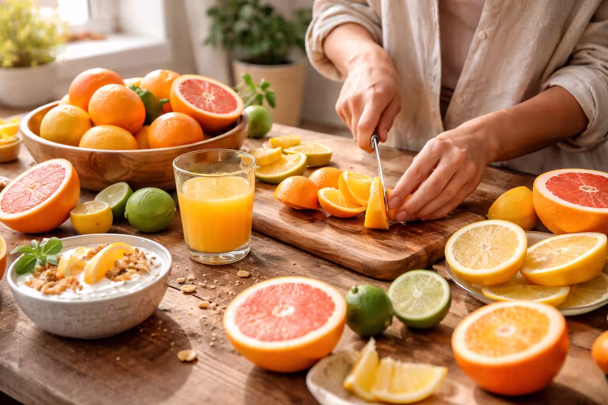 Zitrusfrüchte für die Ernährung: Frische Orangen, Zitronen, Limetten und Grapefruits werden in einer hellen Küche geschnitten und als gesunde Mahlzeit mit Saft und Frühstück angerichtet