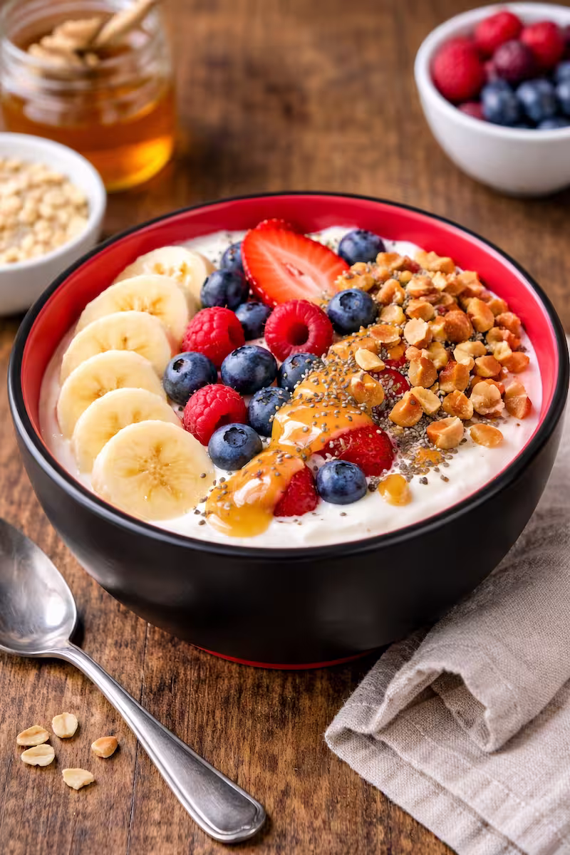 Breakfast Bowl in schwarzer Schüssel mit rotem Innenbereich, gefüllt mit Joghurt, Banane, Beeren, Nüssen und Toppings