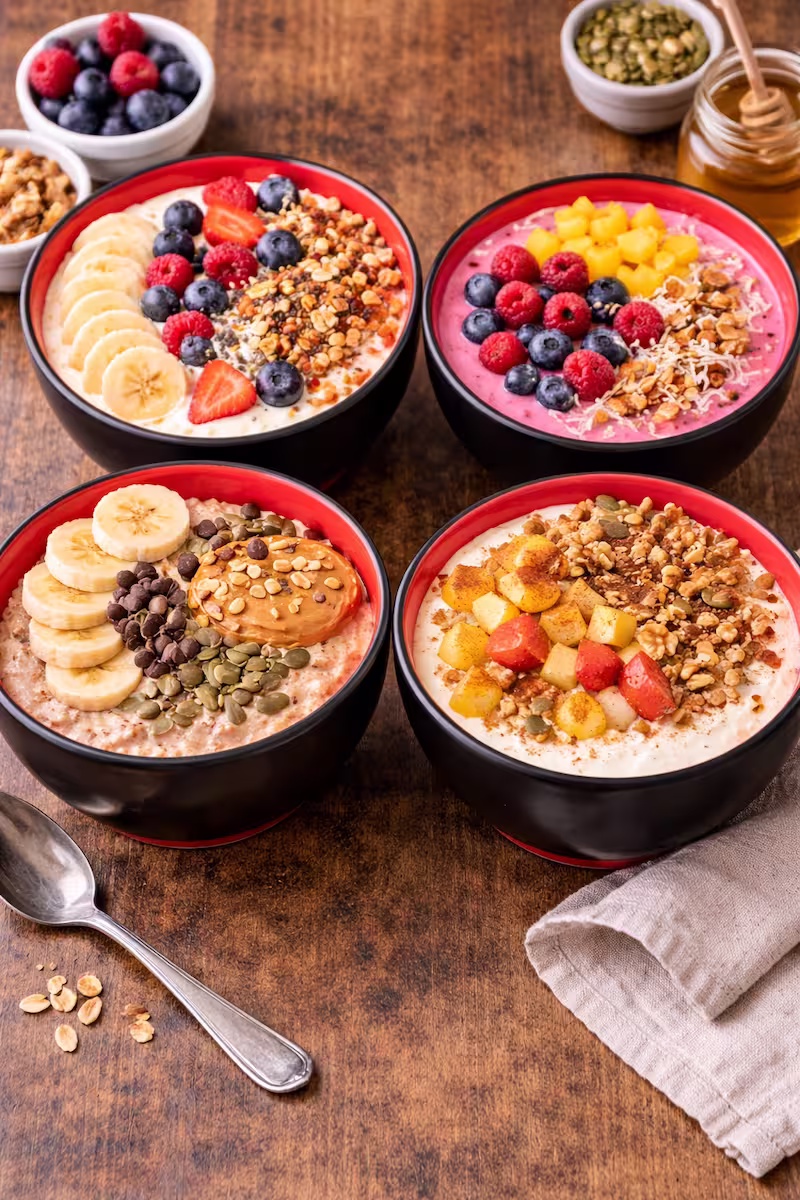 verschiedene Breakfast Bowl Varianten in schwarzen Schüsseln mit rotem Innenbereich, gefüllt mit Joghurt, Haferflocken, Obst, Nüssen und unterschiedlichen Toppings nebeneinander angerichtet