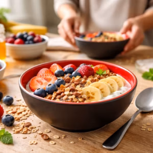 Breakfast Bowl gesund schnell vegetarisch mit Joghurt, Beeren, Banane, Haferflocken und Nüssen in moderner Küche auf Holztisch angerichtet