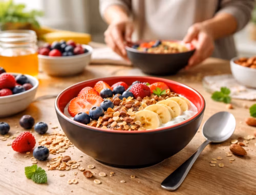 Breakfast Bowl gesund, schnell und vegetarisch zubereiten 9 Breakfast Bowl gesund schnell vegetarisch mit Joghurt, Beeren, Banane, Haferflocken und Nüssen in moderner Küche auf Holztisch angerichtet