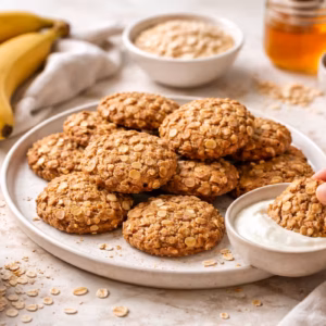Haferkekse mit Banane einfach selber machen: frisch gebackene Haferkekse auf Teller, mit Bananen, Haferflocken und Hand beim Dippen in heller Küche