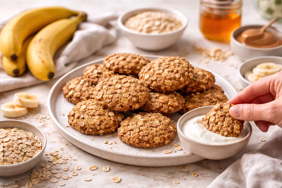 Haferkekse mit Banane einfach selber machen: frisch gebackene Haferkekse auf Teller, mit Bananen, Haferflocken und Hand beim Dippen in heller Küche