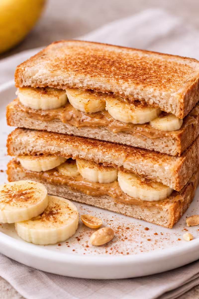 Halbiertes Erdnussmus-Bananen-Sandwich auf hellem Teller, Nahaufnahme mit Bananenscheiben und etwas Zimt daneben