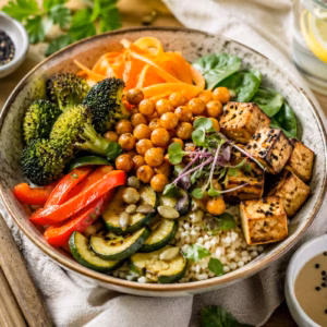 High Protein Abendessen mit Tofu, Kichererbsen und Gemüse Bowl in einer Schüssel mit gebratenem Tofu, gerösteten Kichererbsen, Brokkoli, Paprika, Zucchini und Getreide auf Holztisch angerichtet