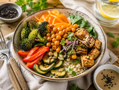 High Protein Abendessen mit Tofu, Kichererbsen und Gemüse Bowl in einer Schüssel mit gebratenem Tofu, gerösteten Kichererbsen, Brokkoli, Paprika, Zucchini und Getreide auf Holztisch angerichtet