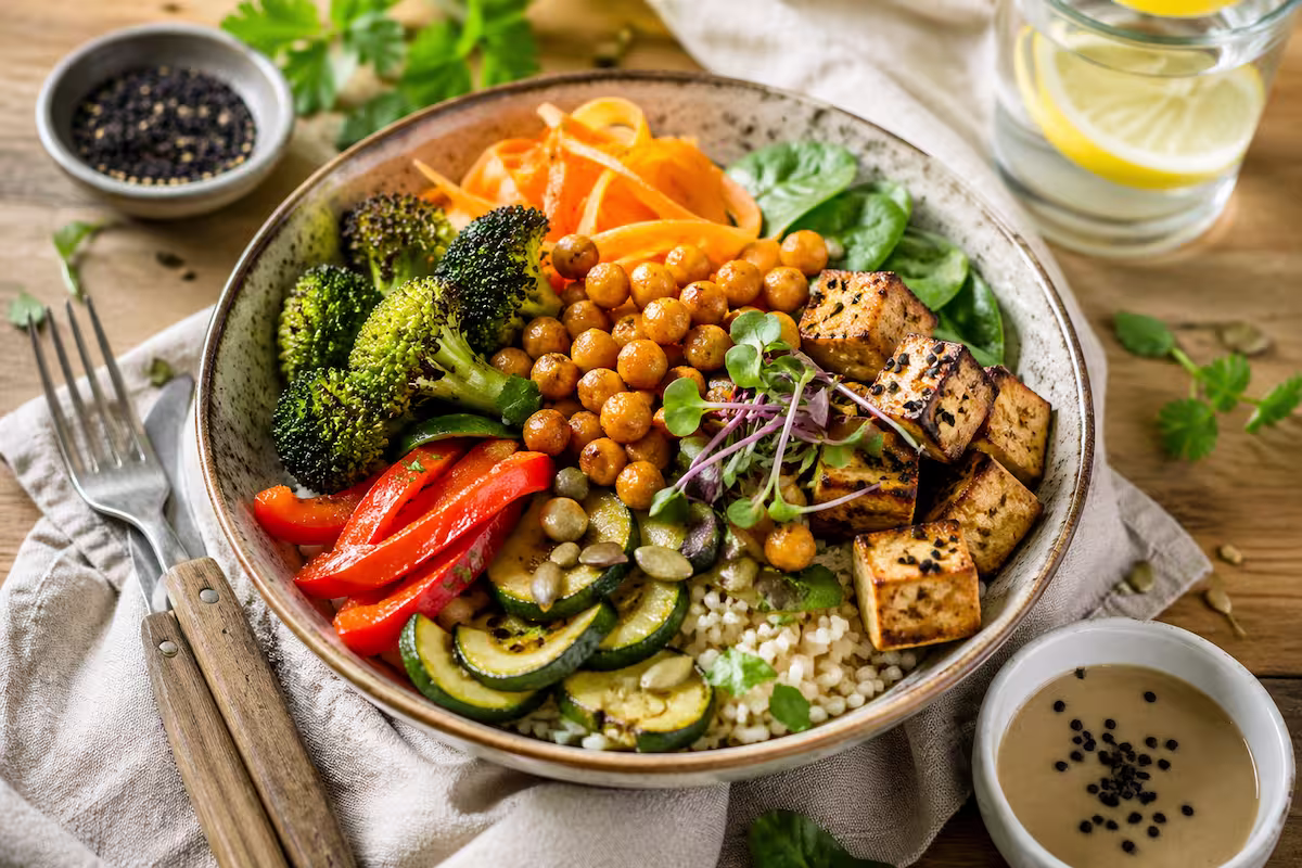High Protein Abendessen mit Tofu, Kichererbsen und Gemüse Bowl in einer Schüssel mit gebratenem Tofu, gerösteten Kichererbsen, Brokkoli, Paprika, Zucchini und Getreide auf Holztisch angerichtet