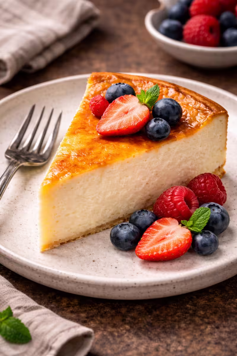 Käsekuchenstück auf Teller mit Beeren