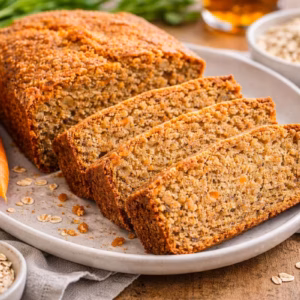 Leichter Karottenkuchen mit Haferflocken in Scheiben geschnitten auf Teller, saftige Krume mit sichtbaren Haferflocken und Karotten, umgeben von frischen Zutaten wie Karotten und Haferflocken