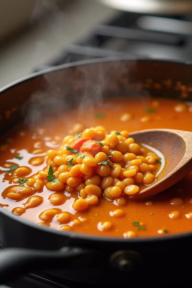 Linsen Curry beim Umrühren im Topf während des Kochens