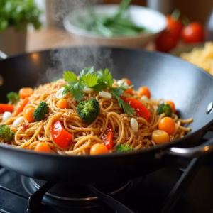 One Pot Asia Nudel auf dem Herd in einer Wokpfanne