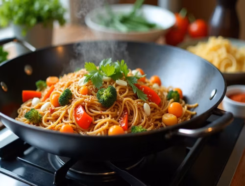 One Pot Asia Nudel auf dem Herd in einer Wokpfanne