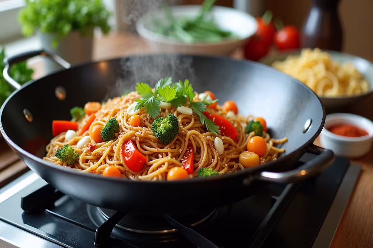 One Pot Asia Nudel auf dem Herd in einer Wokpfanne