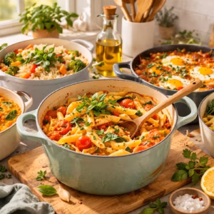 One Pot Gerichte als Wochenübersicht mit verschiedenen einfachen Rezepten in Töpfen auf einem hellen Küchentisch angerichtet