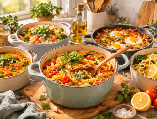 One Pot Gerichte als Wochenübersicht mit verschiedenen einfachen Rezepten in Töpfen auf einem hellen Küchentisch angerichtet