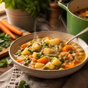 One Pot Kartoffeleintopf mit Gemüse in einer Schüssel, dampfend serviert auf rustikalem Holztisch, umgeben von frischem Gemüse und Kochtopf in heller Küchenumgebung