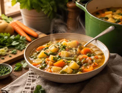 One Pot Kartoffeleintopf mit Gemüse in einer Schüssel, dampfend serviert auf rustikalem Holztisch, umgeben von frischem Gemüse und Kochtopf in heller Küchenumgebung
