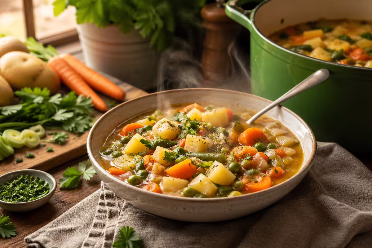One Pot Kartoffeleintopf mit Gemüse in einer Schüssel, dampfend serviert auf rustikalem Holztisch, umgeben von frischem Gemüse und Kochtopf in heller Küchenumgebung
