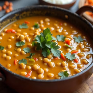 One Pot Linsen Curry mit Kokosmilch und Gemüse in einem Topf, cremig gekocht und mit frischen Kräutern serviert, umgeben von Zutaten wie Linsen, Gemüse und Gewürzen