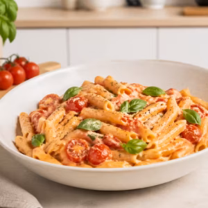 One Pot Pasta mit Tomaten und Frischkäse in einer Schale angerichtet, cremige Sauce mit Penne, frischen Cherrytomaten und Basilikum, moderne helle Küchenumgebung im Querformat