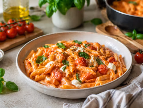 One Pot Pasta mit Tomaten und Frischkäse in einer Schale angerichtet, cremige Sauce mit Penne, frischen Cherrytomaten und Basilikum, moderne helle Küchenumgebung im Querformat