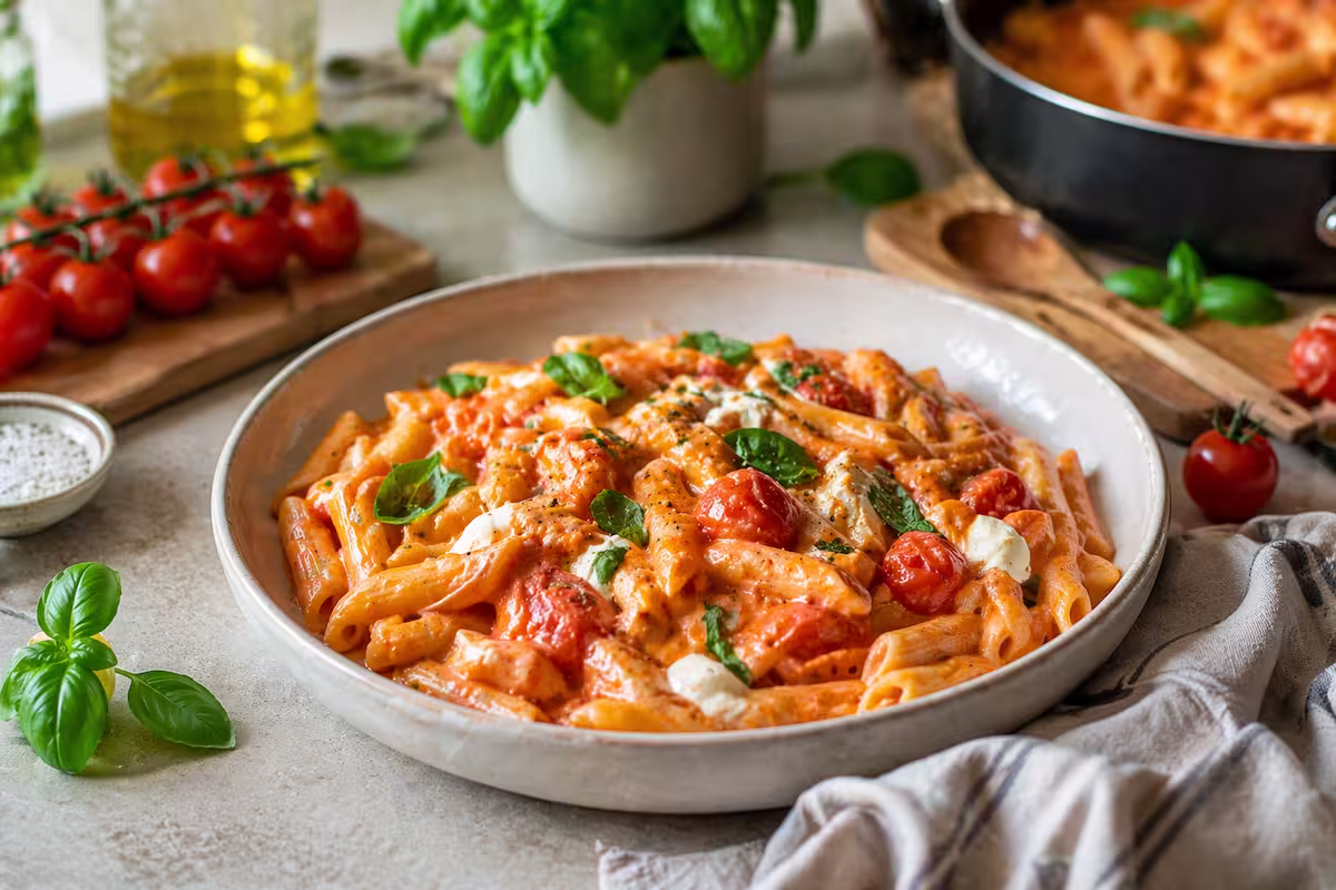 One Pot Pasta mit Tomaten und Frischkäse in einer Schale angerichtet, cremige Sauce mit Penne, frischen Cherrytomaten und Basilikum, moderne helle Küchenumgebung im Querformat