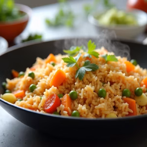 One Pot Reis in einer Pfanne mit Gemüse und Frischkäse, cremig gekocht und frisch serviert