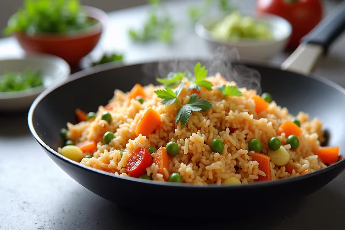 One Pot Reis in einer Pfanne mit Gemüse und Frischkäse, cremig gekocht und frisch serviert