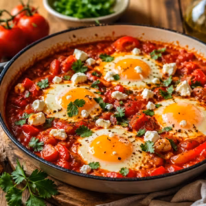 One Pot Shakshuka in Pfanne mit Eiern in würziger Tomatensauce, garniert mit Kräutern und serviert mit Brot auf Holztisch