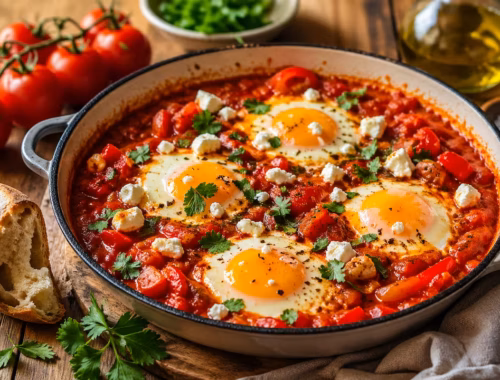 One Pot Shakshuka in Pfanne mit Eiern in würziger Tomatensauce, garniert mit Kräutern und serviert mit Brot auf Holztisch