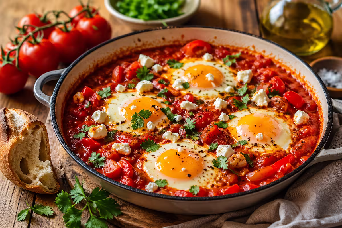 One Pot Shakshuka in Pfanne mit Eiern in würziger Tomatensauce, garniert mit Kräutern und serviert mit Brot auf Holztisch
