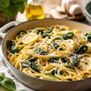 One Pot Zitronen Pasta mit Spinat in heller Pfanne, mit Zitronenscheiben, frischem Spinat und geriebenem Käse auf Holztisch angerichtet