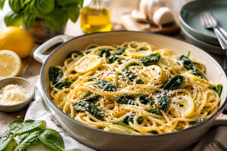 One Pot Zitronen Pasta mit Spinat