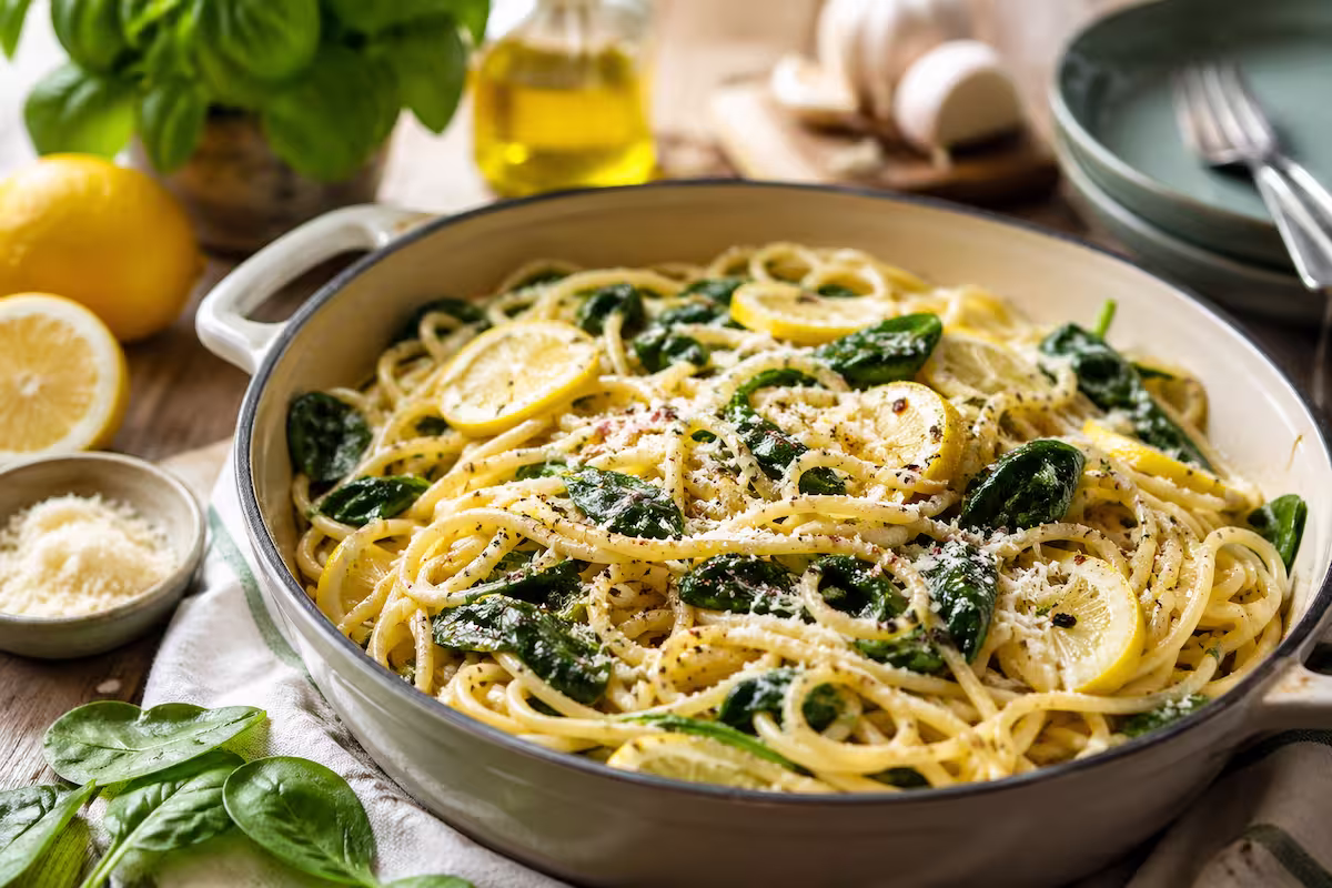 One Pot Zitronen Pasta mit Spinat in heller Pfanne, mit Zitronenscheiben, frischem Spinat und geriebenem Käse auf Holztisch angerichtet