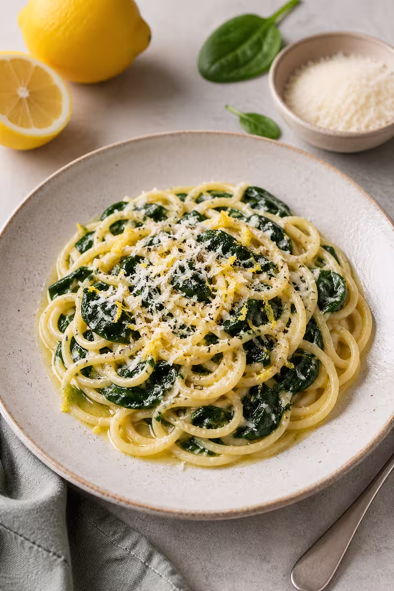 Pasta mit Spinat und Zitronensauce angerichtet auf Teller