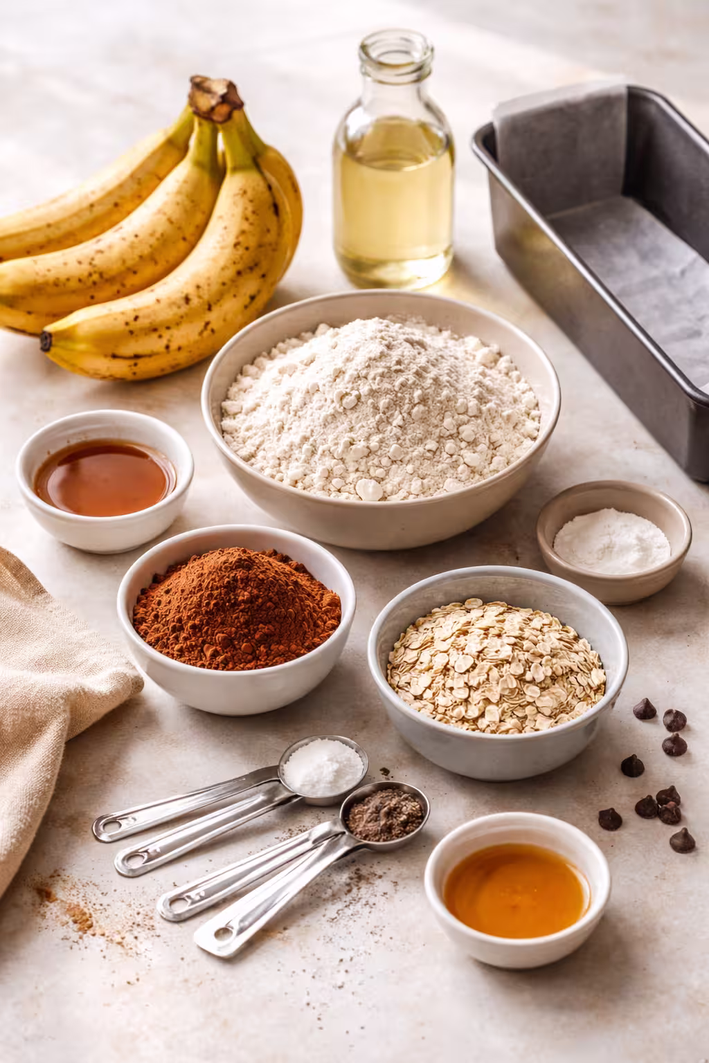 Reife Bananen, Kakao und Backzutaten auf einer hellen Arbeitsfläche