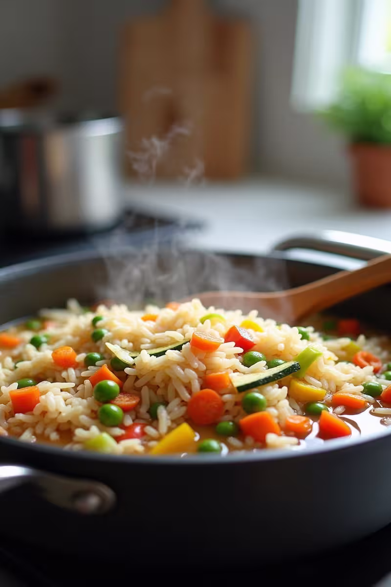 Reis im Topf beim Köcheln mit Gemüse
