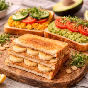 Schnelles Frühstück mit drei einfachen Sandwich Ideen auf Holzbrett angerichtet, mit Avocado, Tomaten und Erdnussbutter-Banane in heller Küche