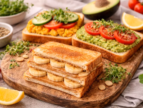 Schnelles Frühstück mit drei einfachen Sandwich Ideen auf Holzbrett angerichtet, mit Avocado, Tomaten und Erdnussbutter-Banane in heller Küche