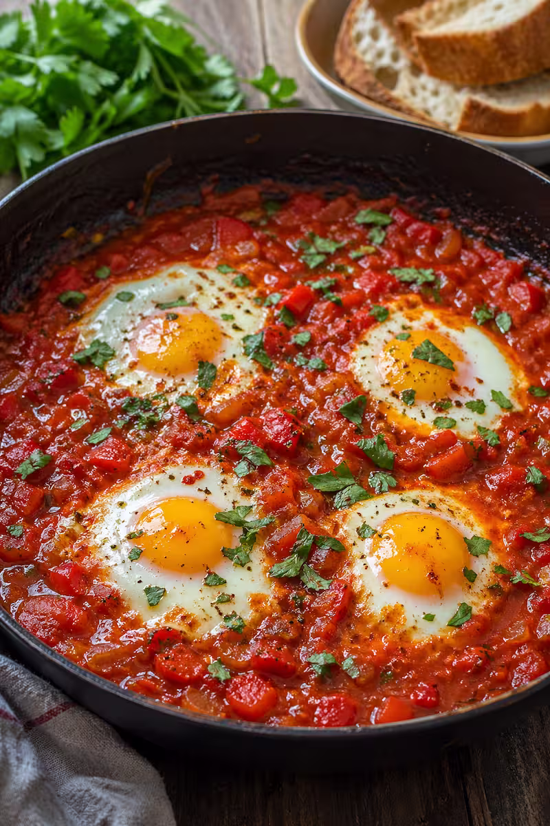 hakshuka in Pfanne mit sichtbaren Eiern und Tomatensauce