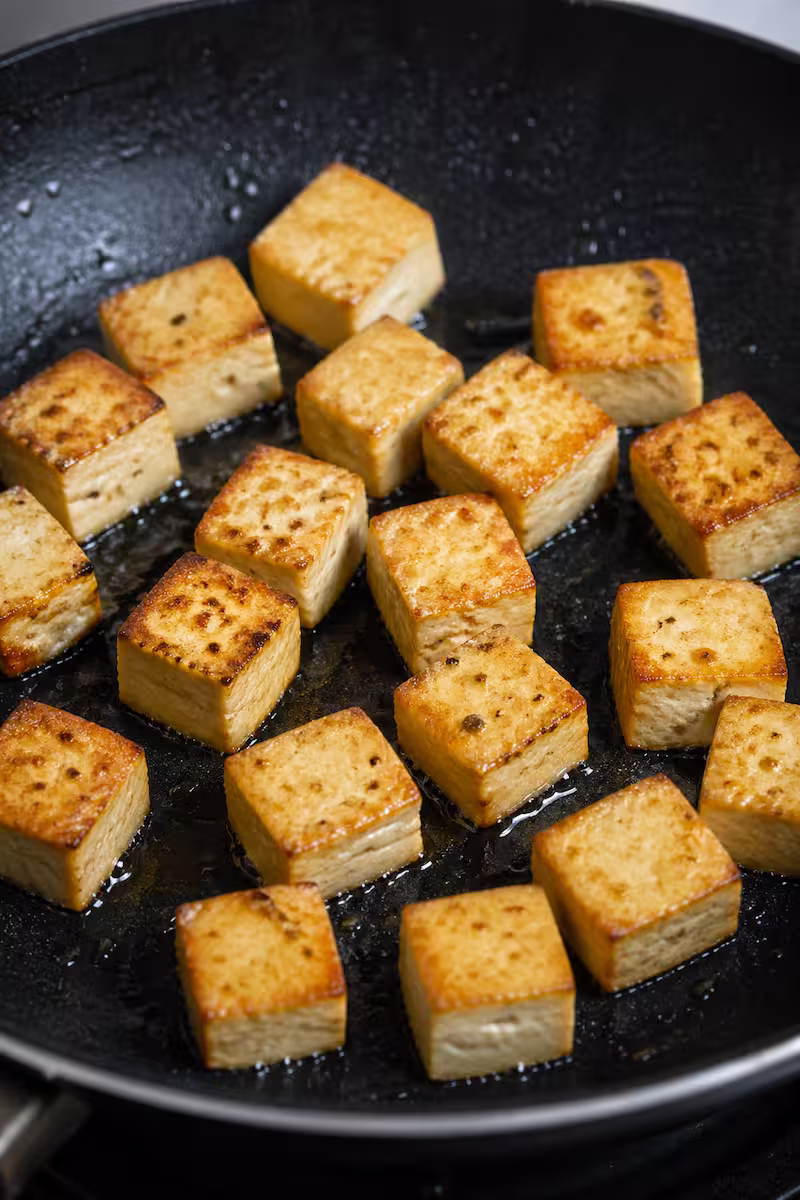 Tofu beim Anbraten in der Pfanne mit leicht gebräunter Oberfläche