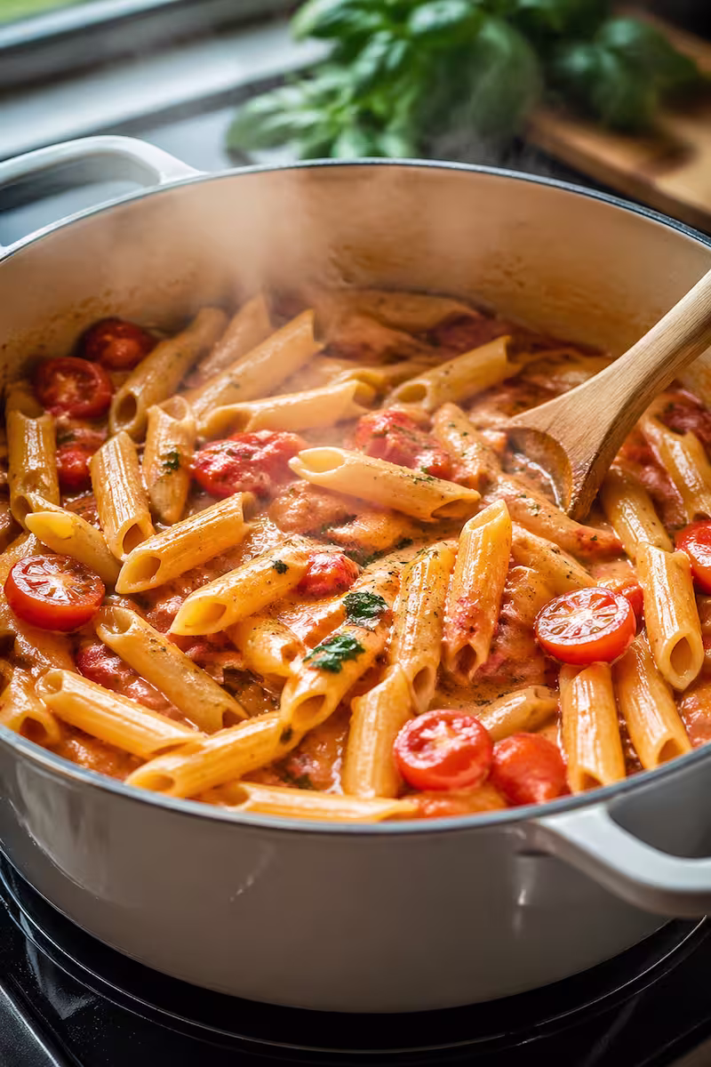 Topf mit One Pot Pasta während des Kochens, Tomaten und Nudeln sichtbar