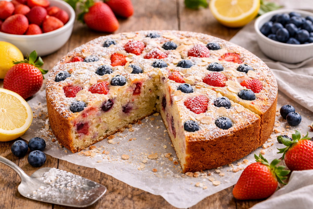 veganer Frühlingskuchen mit frischen Erdbeeren und Heidelbeeren, angeschnitten auf Holzuntergrund mit Puderzucker und Mandelblättchen