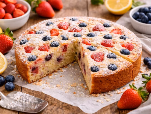 veganer Frühlingskuchen mit frischen Erdbeeren und Heidelbeeren, angeschnitten auf Holzuntergrund mit Puderzucker und Mandelblättchen