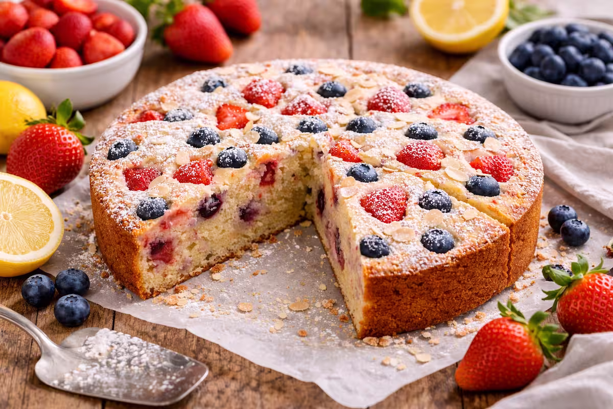 veganer Frühlingskuchen mit frischen Erdbeeren und Heidelbeeren, angeschnitten auf Holzuntergrund mit Puderzucker und Mandelblättchen