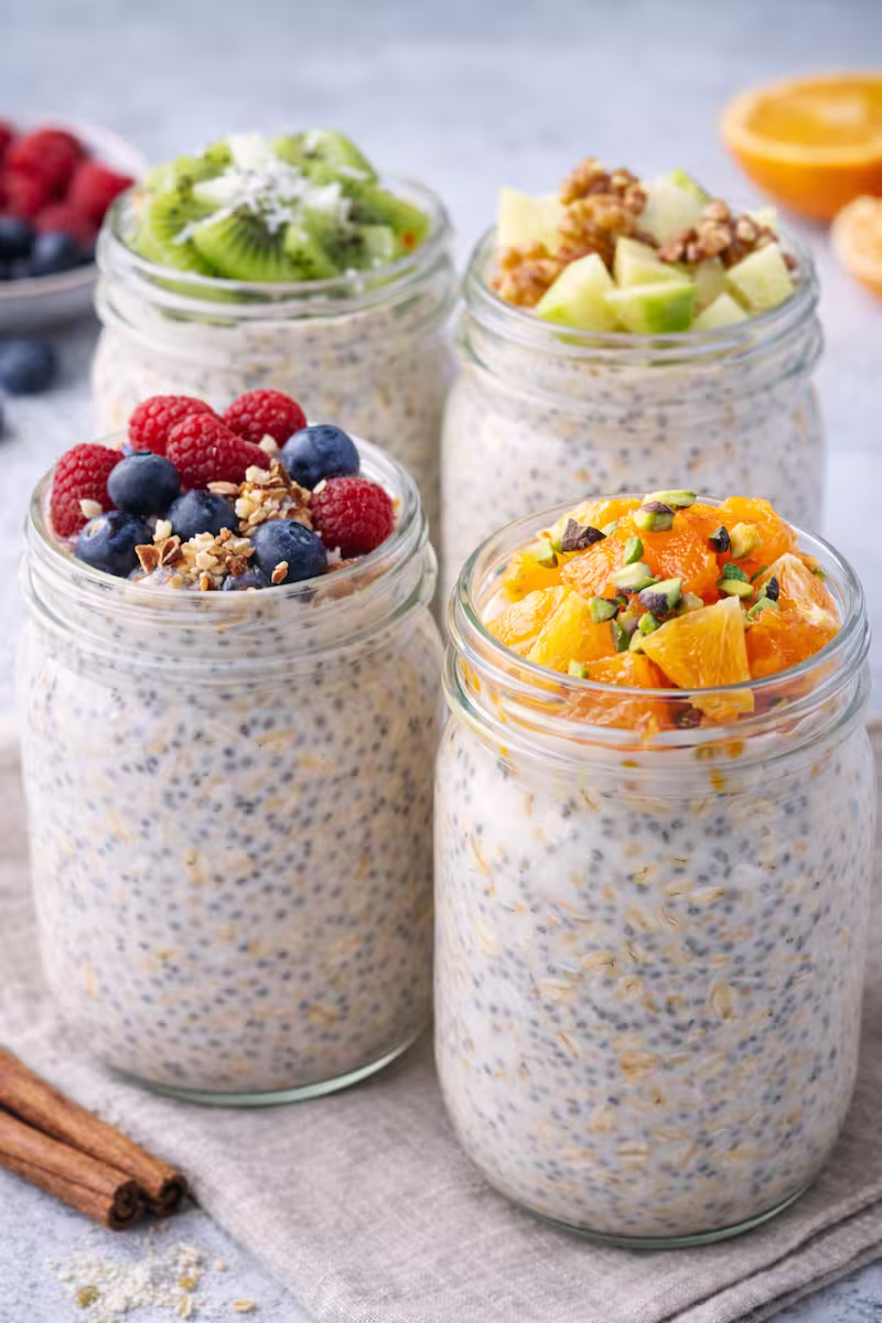 [Bild 9:16: verschiedene Overnight Oats Varianten mit unterschiedlichen Toppings]