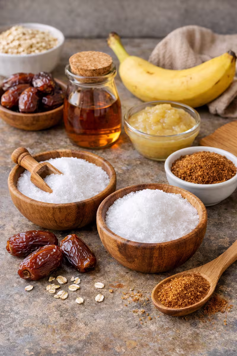 Verschiedene Zuckeralternativen Verschiedene Zuckeralternativen wie Datteln, Erythrit und Ahornsirup auf einer Küchenfläche