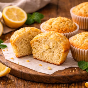 Zitronenmuffins ohne Zucker auf Holzbrett angerichtet, teilweise halbiert, mit frischen Zitronen und natürlicher Struktur der Krume im Querformat