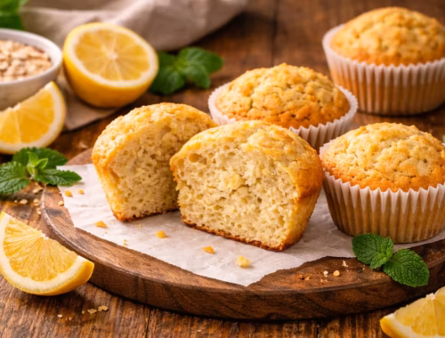 Zitronenmuffins ohne Zucker für jeden Tag 9 Zitronenmuffins ohne Zucker auf Holzbrett angerichtet, teilweise halbiert, mit frischen Zitronen und natürlicher Struktur der Krume im Querformat